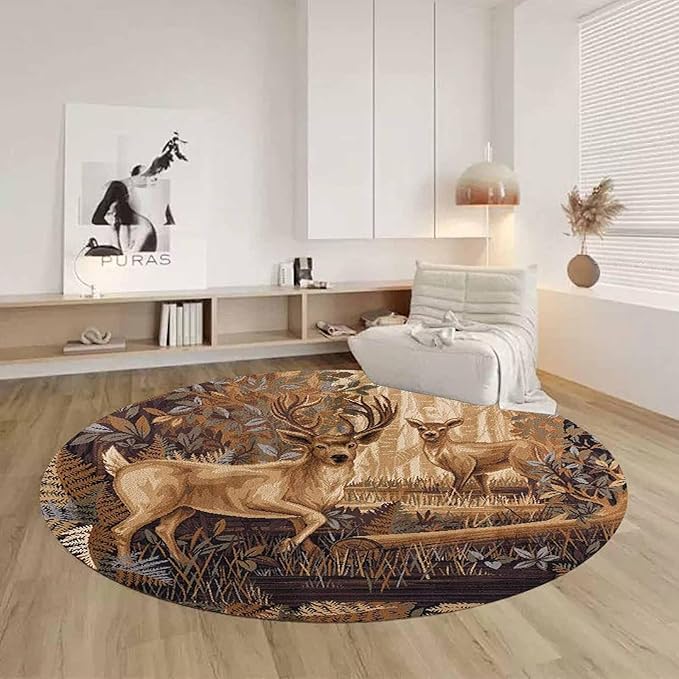 Round Cabin Moose Deer Rugs 5ft for Dining Room Bedroom Bathroom Wildlife Elk Deerlet Print Carpet Non-Slip Circular Western Indoor Area Rug