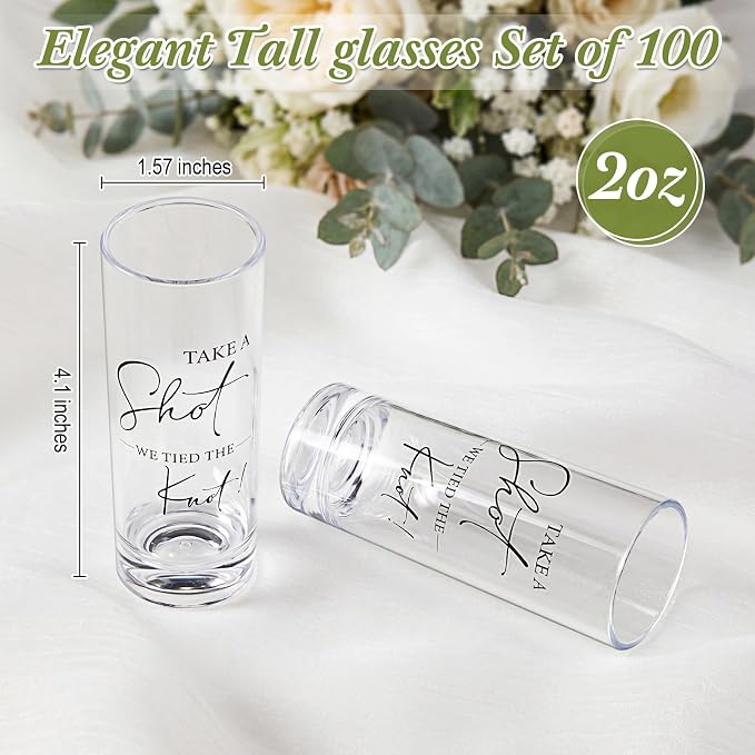 Sliner 100 Sets Wedding Favors for Guests Bulk 2oz Acrylic Personalized Shot Glasses with Bottle Opener Keychain Thank You Cards Organza Bags for Guest Wedding Gifts Newlyweds Bridal Shower Party