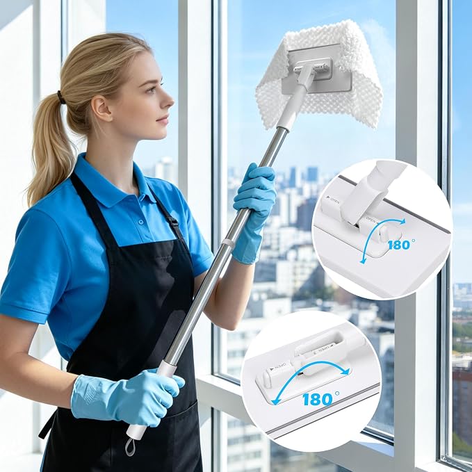 Masthome Snap Grip Mini Mop with Built-in Squeegee, Zero Touch Cloth Changing Dust Mop, 360° Swivel Head Small Mop for Walls, Bathroom Corners, Windows, Includes 1 Reusable Cloth