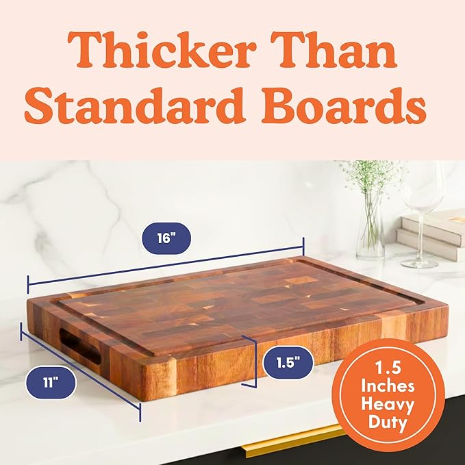End Grain Butcher Block Cutting Board [1.5" Thick]. Made of Acacia Wood and Conditioned with Beeswax, Flaxseed Oil & Lemon Oil. 16" x 11" Chopping Board by Ziruma.
