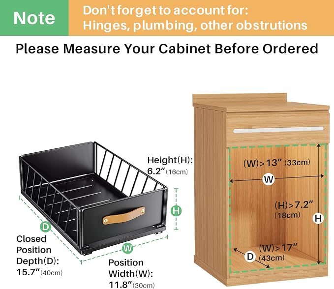 Pull out Cabinet Organizer,Heavy Duty Slide out Pantry Shelves Drawer Storage with Adhesive Nano Film,Sliding Mesh Cabinet Basket with Handle for Kitchen, Bathroom, Home, 11.8"W X 15.7"D X6.2"H,Black