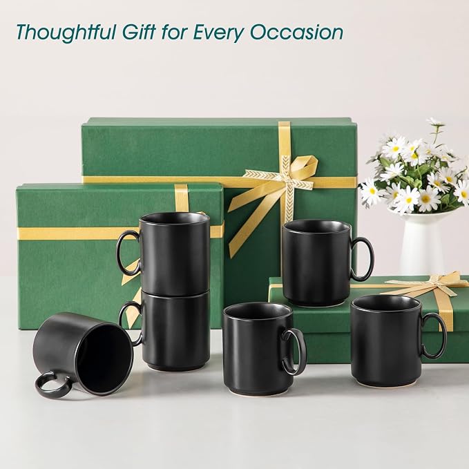 vancasso Porcelain Coffee Mugs Set of 6, 12 Oz Black Coffee Cups for Latte, Cappuccino, Tea & Hot Cocoa, Sleek Modern Café Style for Home, Office & Coffee Bar, Microwave & Dishwasher Safe