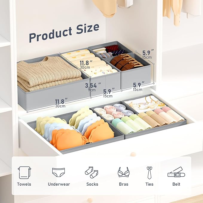 DIMJ Drawer Organizer Clothes, 30 Pack Dresser Organizer, Foldable Closet Organizers and Storage, Fabric Dresser Bins, Drawer Dividers for Nursery, Baby Clothes, Underwears, Sock,Gray
