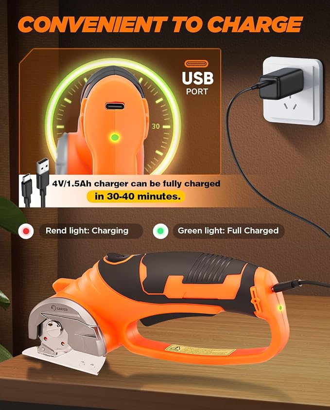 Saker Box Cutter Electric Cordless: Card board Cutter Scissors for Fabric Leather Paper Plastic - Cardboard Cutting Tool with 4V Recharged Battery - Safety Lock and LED Light for Cutting,Orange