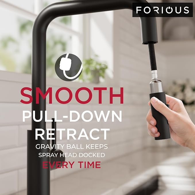 FORIOUS Kitchen Faucet with Pull Down Sprayer, Matte Black Single Handle U-Spout Stainless Steel Kitchen Sink Faucet, 1 or 3 Hole Deck Mount for RV, Bar, Farmhouse, Laundry, Outdoor