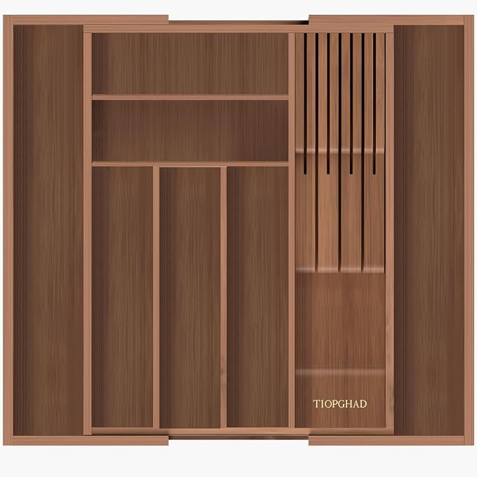 TIOPGHAD Bamboo-Silverware-Drawer-Organizer-Kitchen, Expandable Utensil Holder Cutlery Tray Flatware Organization Adjustable Wood Tableware Dividers Storage (with Removable Knife Block)(Brown)