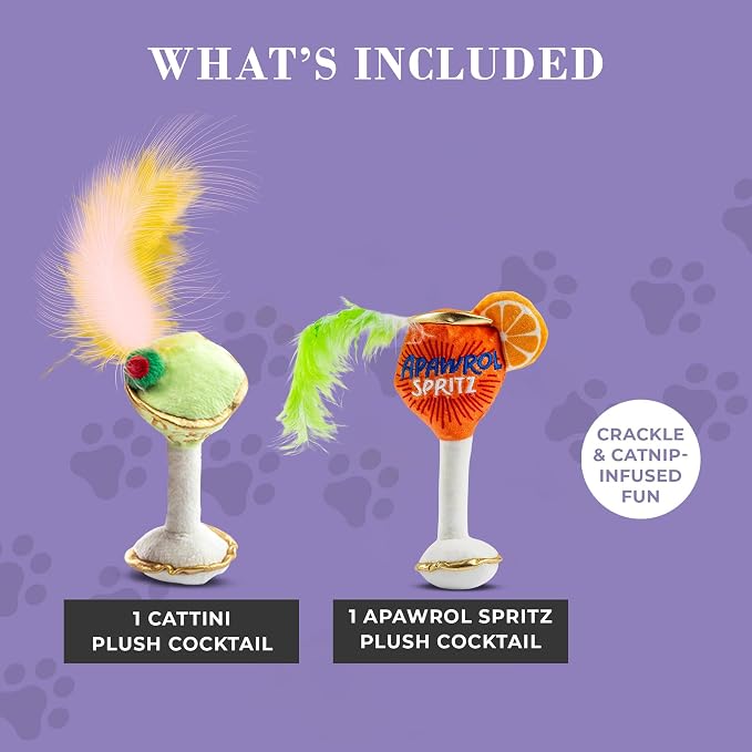 Haute Diggity Kitty Cocktails Apawrol Spritz & Cattini Set, Plush Cat Toys Catnip Filled with Interactive Crackle Sound, Safe, Durable Toys for Cat & Kitten, 2 Pcs