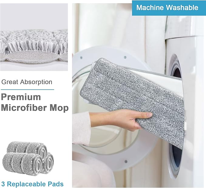 BOSHENG Mop and Bucket with Wringer Set, Hands Free Flat Floor Mop and Bucket, 3 Washable Microfiber Pads Included, Wet and Dry Use, Home Floor Cleaning System for All Floor Types and Windows