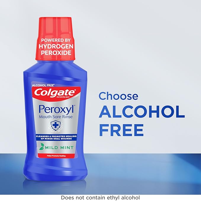 Colgate Peroxyl Alcohol Free Mouthwash with 1.5% Hydrogen Peroxide, Mouth Sore Rinse for Canker Sores, Oral Irritations, and Burns, Mild Mint, 16.9 fl oz Bottle