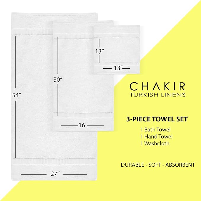 Chakir Turkish Linens Personalized 3 Piece Towel Set, 100% Cotton Luxury Turkish Towels for Bathroom, Soft Absorbent Towel Set with Bath Towel Hand Towel and Washcloth, White