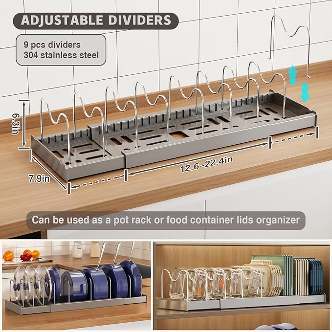 Magheo 2 Pack Expandable Food Storage Container Lid Organizers, 22" Pots and Pans Organizer Under Cabinet with 9 Adjustable Dividers Pot and Pan Lid Holders Rack Inside Cabinet(Gray)