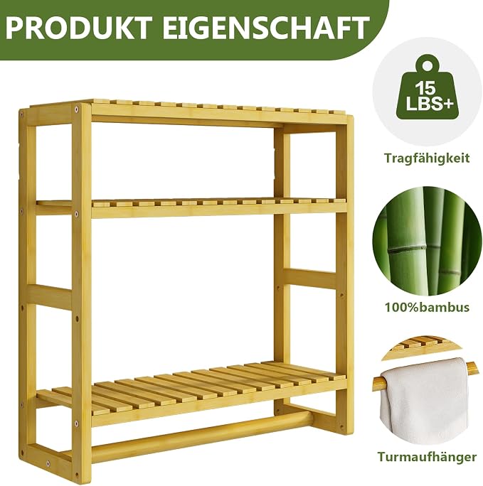 Galood Over The Toilet Storage Bathroom Shelves Wall Mounted 3 Tier Space Saver Corner Shelf Organizer Bamboo Towel Rack Toilet Paper Cabinet with Hanging Rod Yellow