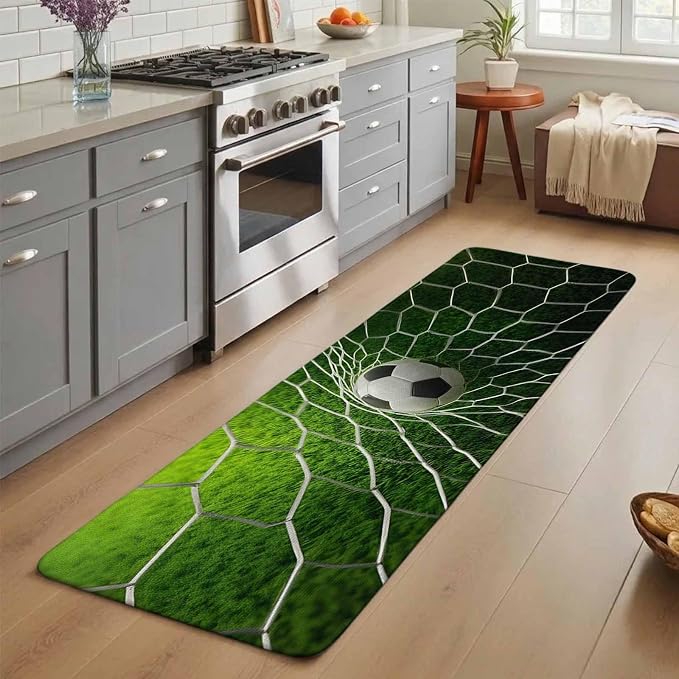Soccer Bathroom Runner Rugs Non Slip Washable Absorbent Narrow Long Bath Mat Goal Net Competitive Green Grass Athletic Runner Rugs for Kitchen Hallway Bedroom Laundry Study Room 19.7"x63"