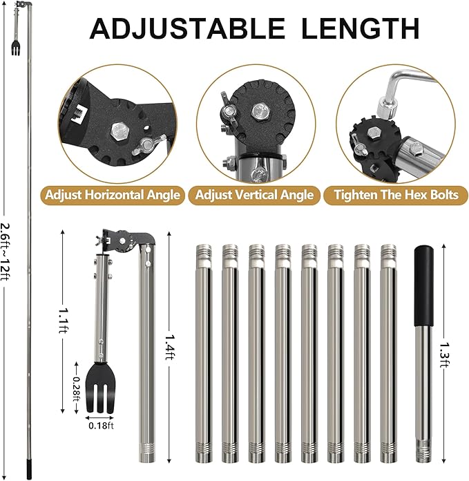 12FT Gutter Cleaning Tools from the Ground with Dual-Axis Adjustment | Spring Steel Gutter Cleaner Tool, Adjustable Length Cleaning Pole with Gutter Rake for Leaves, Muck and Roof Debris