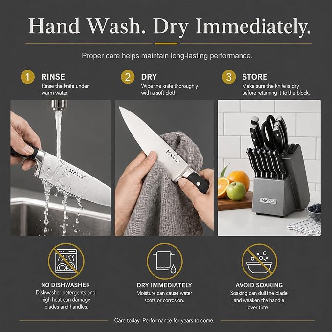 McCook® Knife Sets,German Stainless Steel Kitchen Knife Block Set with Built-in Sharpener | German Forged Stainless Steel,15 PC,Non-Stick&Anti-Rust,Triple Rivet,Ergonomic Handle,Full Tang,Gift Box