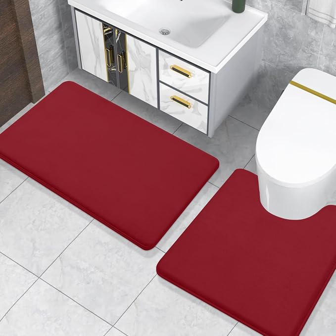 Smiry Memory Foam Toilet Rugs U-Shaped 24x20, Extra Soft Absorbent Non-Slip Contour Bathroom Rugs, Machine Washable Bath Mats for Toilet, Red