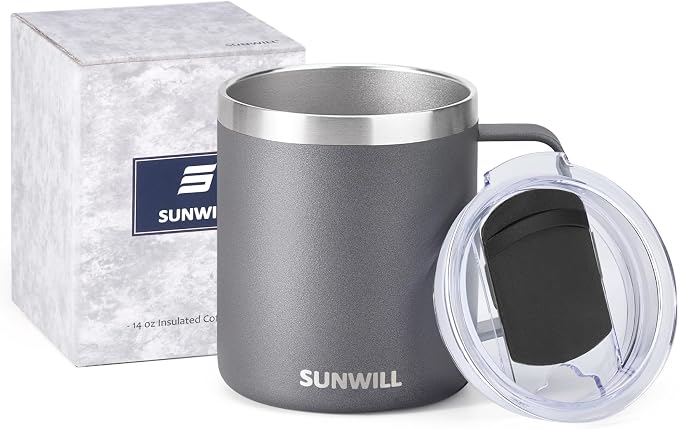 SUNWILL Travel Coffee Mug with Lid, Insulated Tumbler with Handle, 14 oz Stainless Steel Cup for Ice, Water, Tea, Cool Grey