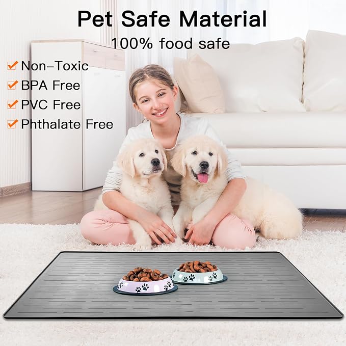 39.4"x29.5" Large Pet Food Mat, Silicone Dog Mats for Food and Water, Nonslip Pet Feeding Mats for Floors,Dog Cat Bowl Mat with Raised Edges, Dark Green