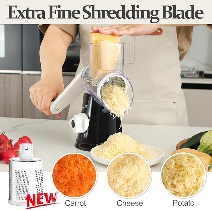 Cambom Rotary Cheese Grater Hand Crank Cheese Shredder for Fresh Cheese, Vegetable, Nuts,Non-slip Suction Base, Five Blades, Black