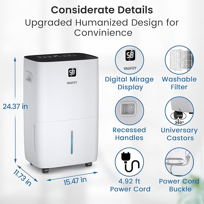 Yaufey 150 Pints Dehumidifier for Home, Basement and Large Room up to 7000 Sq. Ft., with Drain Hose, Timer, Intelligent Humidity Control and Large Water Tank