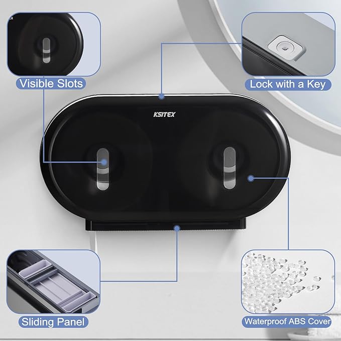 Twin Jumbo Roll Toilet Paper Dispenser, Commercial 9” Double Toilet Paper Holder Wall Mount, Industrial Tissue Dispenser with Key Lock, Tissue Holder with Dual Dispenser for Bathroom