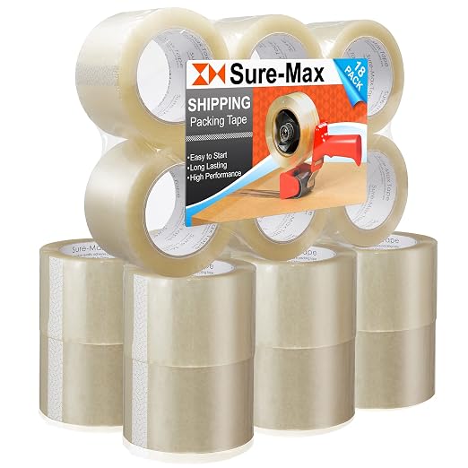 Sure-Max 18 Rolls Extra-Wide Shipping & Packing Tape (3" x 110 yard/330' Each) - Moving & Adhesive Carton Sealing - 2.0mil Clear