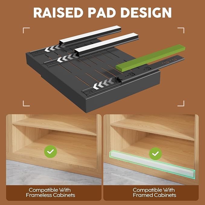 Seinloes 4 Pack Expandable Width (15.15"-26.3") Pull Out Cabinet Organizer 21" Deep with Raising Pad for Framed Cabinets, Upgrade 3 Slide Rails Slide Out Drawers, Roll Out Shelves Adhesive, Black