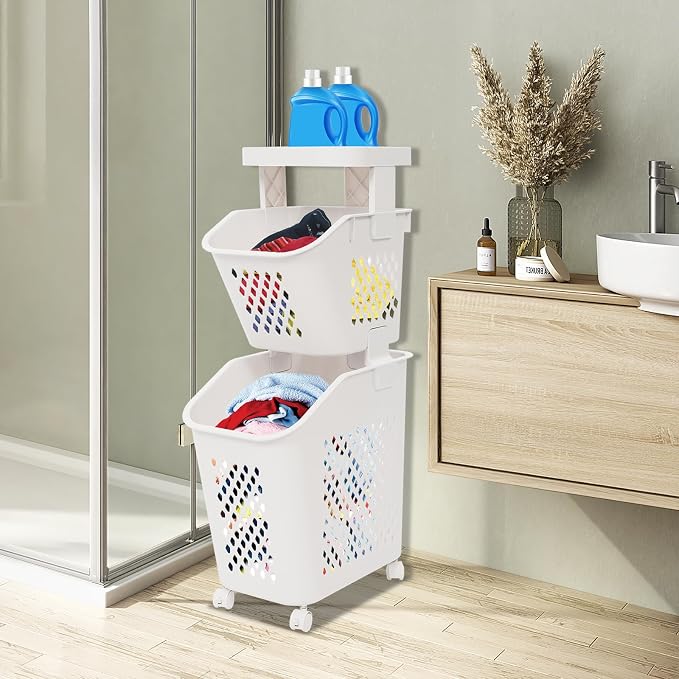 Rolling Slim Laundry Basket on Wheels, Plastic Laundry Sorter Hamper with Removable Basket for Bedroom Toilet Bathroom Kitchen, Space Saving (2-Tier)