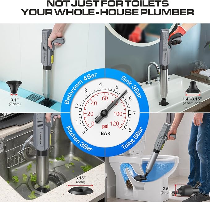 Electric Toilet Plunger and Disposable Brush Bundle, Heavy Duty High Pressure Air Unclogger Tool, 360° Toilet Wand Cleaning System with Caddy & 6 Refills