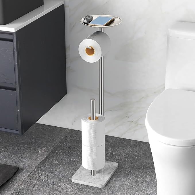 FEILERN Toilet Paper Holder Stand for Bathroom Floor Standing Toilet Roll Dispenser Storages 4 Reserve Rolls, with Top Storage Shelf for Cell Phones, Wipe, Wallet and More(Marble Brush Nickel)