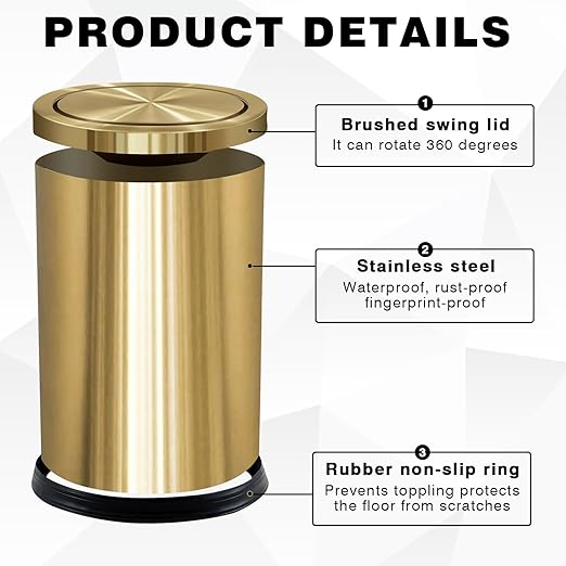 Maxdot 2 Pcs 4.7 Gallon/18 L Gold Bathroom Trash Can with Flipping Lid and Toilet Brush Set, Large Stainless Steel Garbage Trash Can Toilet Cleaner Brush Wastebasket Bin for Bathroom Bedroom Office