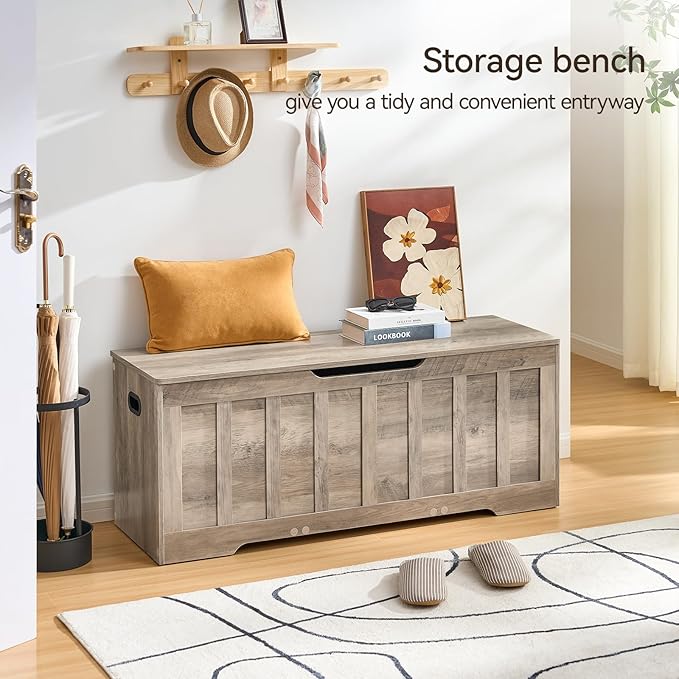 VANKILEY 47.2" Storage Chest Extra Large,Storage Trunk with 2 Safety Hinges,Wooden Storage Bench,Shoe Bench,47.2x15.7x19.1 Inch,Easy Assembly,Storage Bench for Bedroom,Living Room,entryway(Greige).