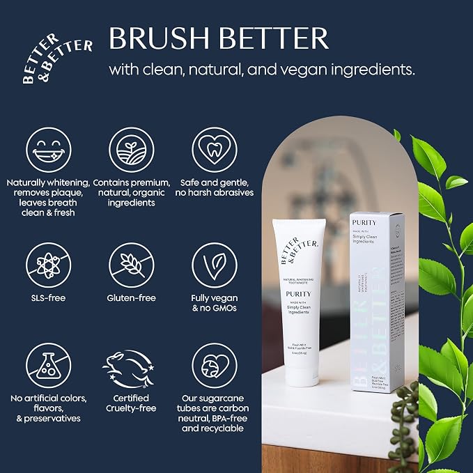 Better & Better Purity Toothpaste | Natural Whitening Coconut-Based Formula | No Additives, SLS-Free, Fluoride-Free | Organic Mint Flavor | Vegan & Antiplaque | 3.4oz