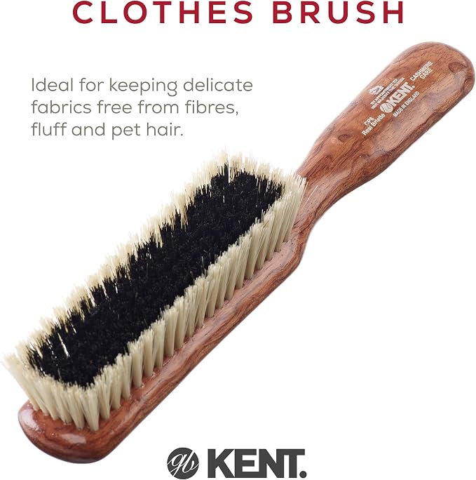 Kent CP6 Clothes Brush. Cashmere Care Dark Wood with Black & White Boar Bristle, Lint Remover for Wool and Silk for Keeping Delicate Fabrics Free from Fibres, Fluff and Pet Hair. Made in England