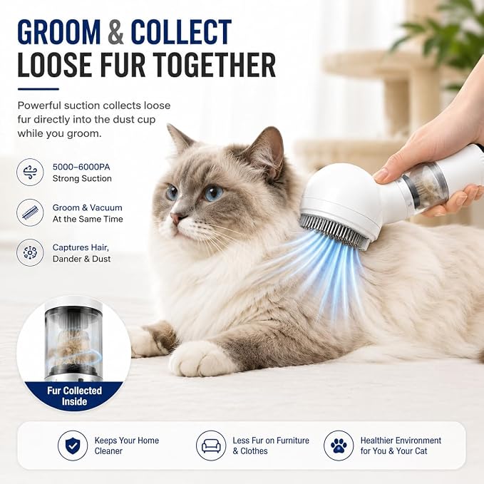 FurSo Cat Grooming Vacuum Kit, 5-in-1 Cordless Pet Grooming Vacuum for Cats & Dogs, 6000PA Pet Hair Vacuum, Low-Noise Deshedding Brush, 3-Speed LCD, Hair Remover, Type-C Charge