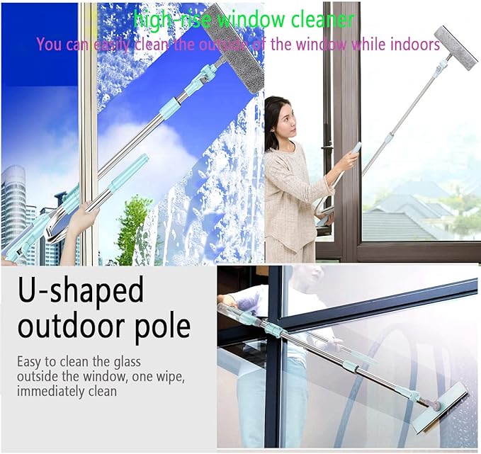 Window Cleaner Tool Kit with Telescopic U Shaped Pole,Squeegee for Window Washing,Water Sprayable,Rotatable Cleaning Head,Clean Inside and Outside Windows Without Leaving Dead Ends