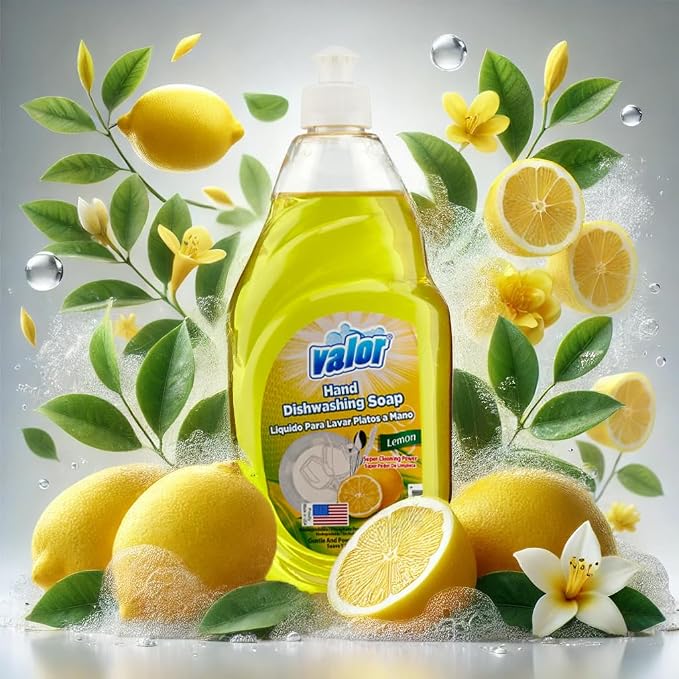 Valor Dishwashing Liquid, 25 fl oz – Dish Soap for Kitchen & Bathroom, Grease-Fighting, Gentle on Hands, Fast Rinse, Eco-Friendly Biodegradable Formula (25 fl oz (Pack of 12), Lemon)