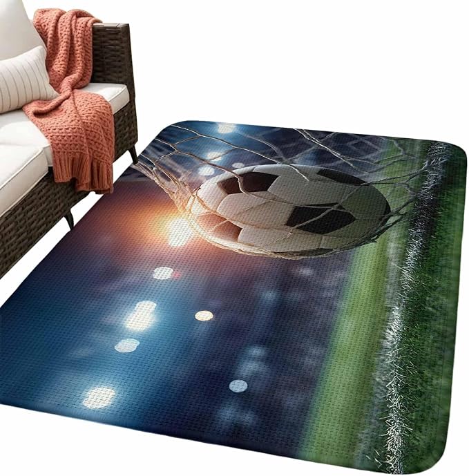 Football Washable Area Rugs for Living Room Bedroom, Large Non Slip Indoor Floor Carpet Absorbent Low Pile Goal Net Soccer Sports Orange Blue Green Door Mat Rugs for Bathroom Entryway 63"x78.7"