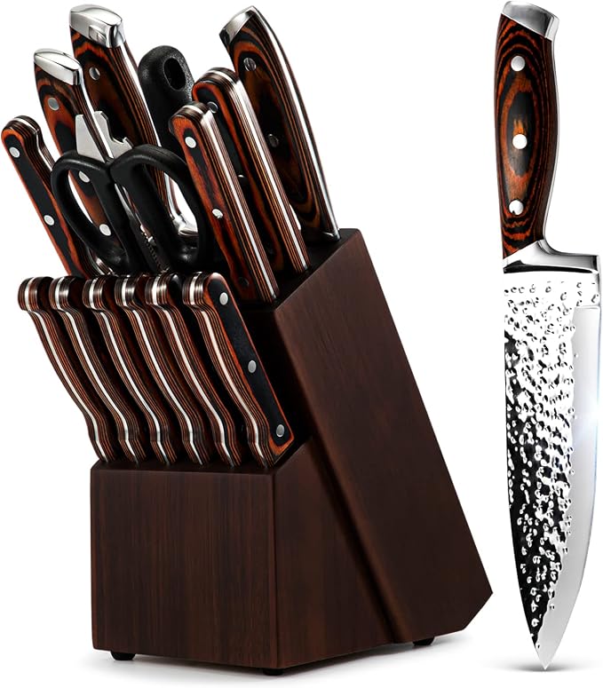 Kitchen Knife Set,15-Piece Knife Set With Block Wooden,Self Sharpening For Chef Knife Set,High Carbon Japan Stainless Steel Hammered Collection Knife Block Set with Steak Knives, Boxed Knife Set | Hammered Collection, High Carbon Japan Stainless Steel,...