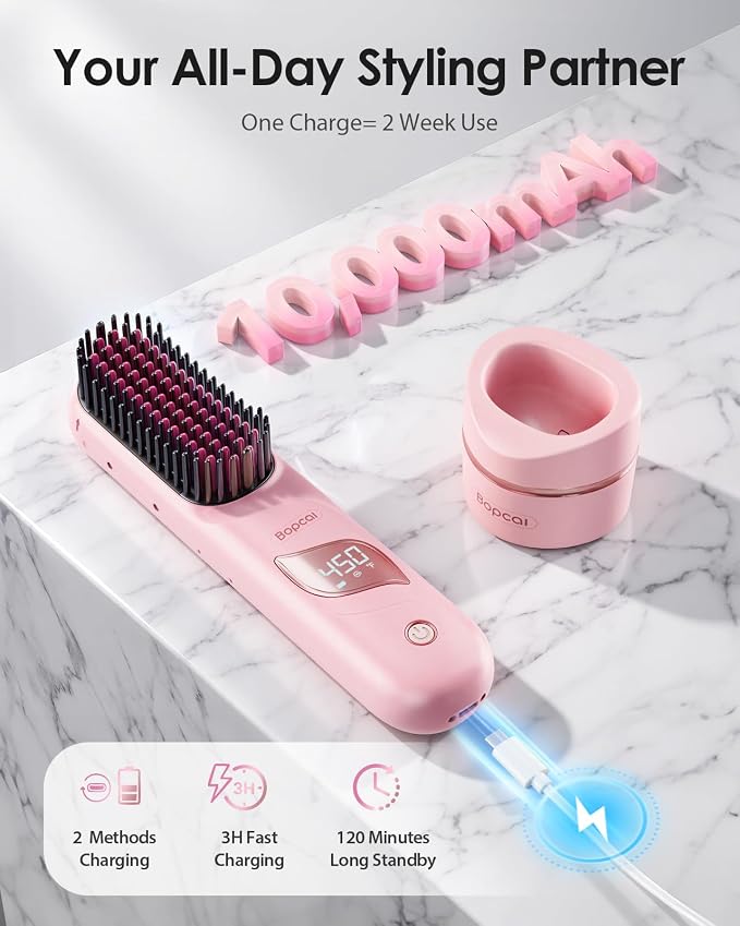 Cordless Hair Straightener Brush with Charging Dock, Portable Travel Hair Straightening Brush with 300M Negative Ions, 10,000mAh Battery, Fast Heating Anti-Frizz Ionic Styling Comb for Women