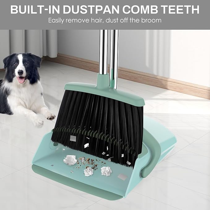 Broom and Dustpan Set for Home, 51-in Long Adjustable Handle Angle Broom and Dustpan Combo Set with Dust Pan Teeth to Clean Hair for Home Kitchen Office Lobby Floor Garden, Green