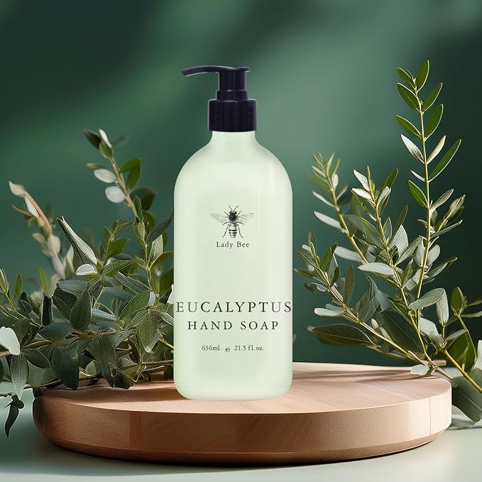 Home & Body Company Lady Bee Hand Soap Set, 4 Pack with Eucalyptus, Lavender, Tea Tree Mint, Honey Almond Scents, 21.5 fl oz Each with Pump Dispenser