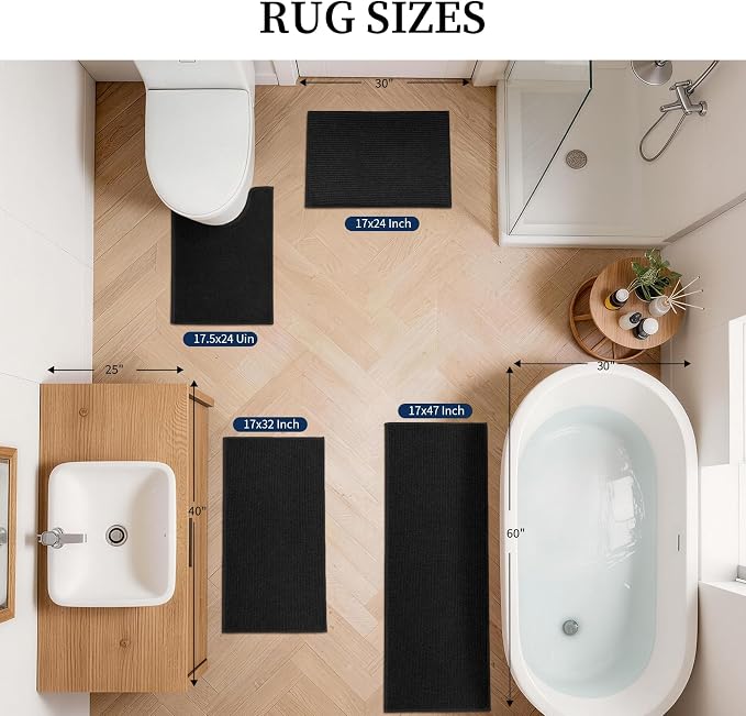 YIHOUSE Black Bathroom Rugs Sets 4 Piece, Quick Dry Thin Bath Mat with Toilet Rug, Non Slip Absorbent Machine Washable, Bath Runner Rugs for Bathtub Sink Home Decor