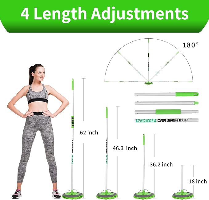 62'' Car Wash Brush with Long Handle Chenille Microfiber Car Wash Mop Mitt Kit Scratch-Free Car Cleaning Brush Care Kits with Replacement Head Supplies for Cars RV Truck Boat
