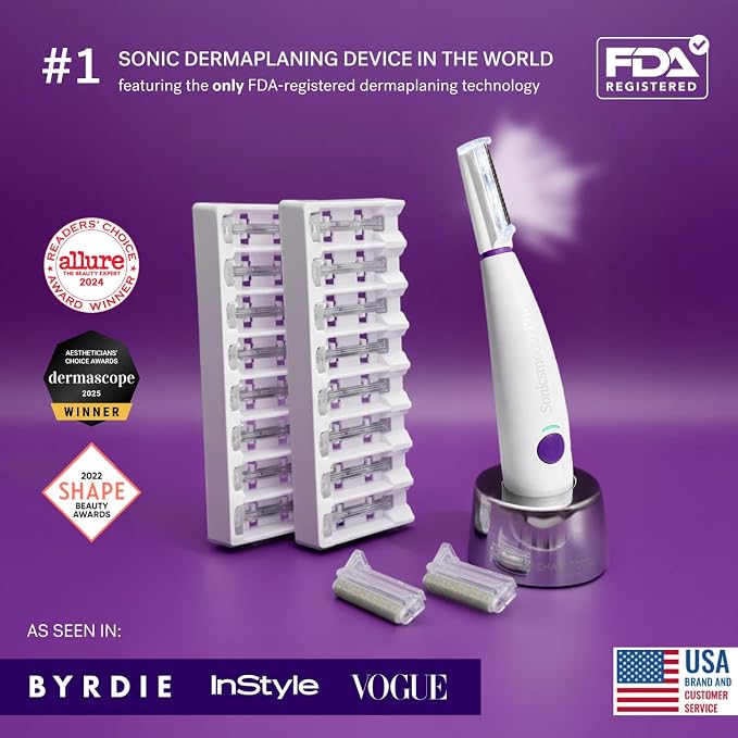 Michael Todd Beauty Sonicsmooth Pro+ Dermaplaning System & Eyebrow Trimmer | Peach Fuzz Removal, Dermaplane Razor for Women Face w/ 16 Blades & 2 Microsmooth Exfoliation Tips, LED Light, 3-Year Warranty