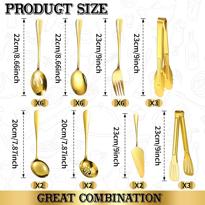 30 Piece Stainless Steel Serving Utensils Set - Buffet Serving Spoons Forks Tongs for BBQ, Parties, Catering, Weddings, Events - Gold