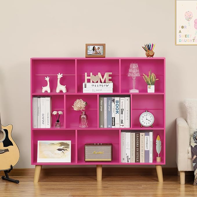 LEYAOYAO 10 Cube Bookshelf, Mid-Century Modern Book Shelf with Legs, Pink | 3 Tier Bookcase, Rustic Wood Bookshelves Freestanding Large Storage Organizer, Open Shelves for Bedroom, Living Room, Office