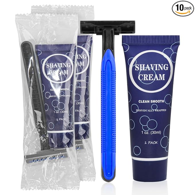 Shaving Razor Set, Disposable Individually Wrapped Manual Twin Blade Razors in Bulk Smooth Shaving Razors with Mini Shaving Cream Toiletries for Hotel Charity Camping Travel Homeless 1oz (Pack of 10)