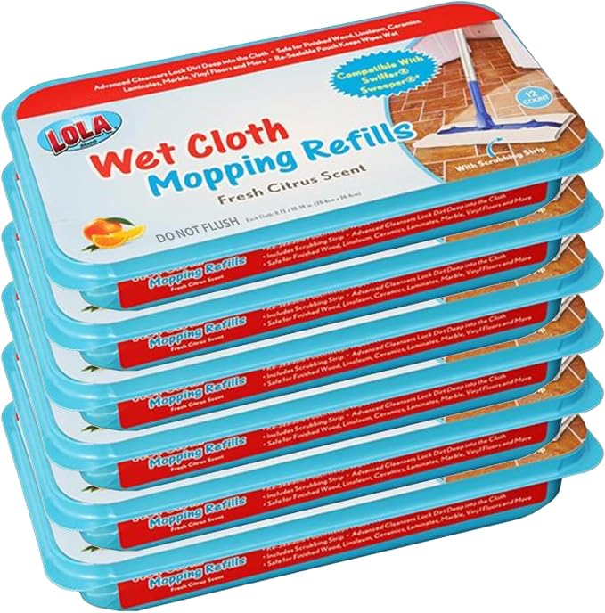 LOLA Wet Mopping Pad Refills, 72 Pack, Swiffer Sweeper Compatible w/ Scrubbing Strip, Fresh Citrus Scent