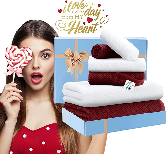 VOOVA & MOVAS 6PC Towel Set, 100% Cotton, Burgundy Red White | 2 Large Bath 30x56 In, 2 Hand 18x28 In, 2 Wash Cloths 13x13 In, Quick Dry, Soft, Thick, Bathroom Essentials